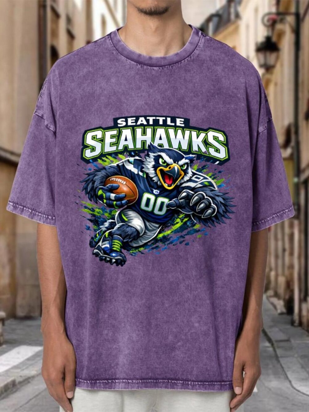 Seattle Seahawks Mascot NFL Purple Mineral Wash Oversized Tee ZUD3CDTIST04
